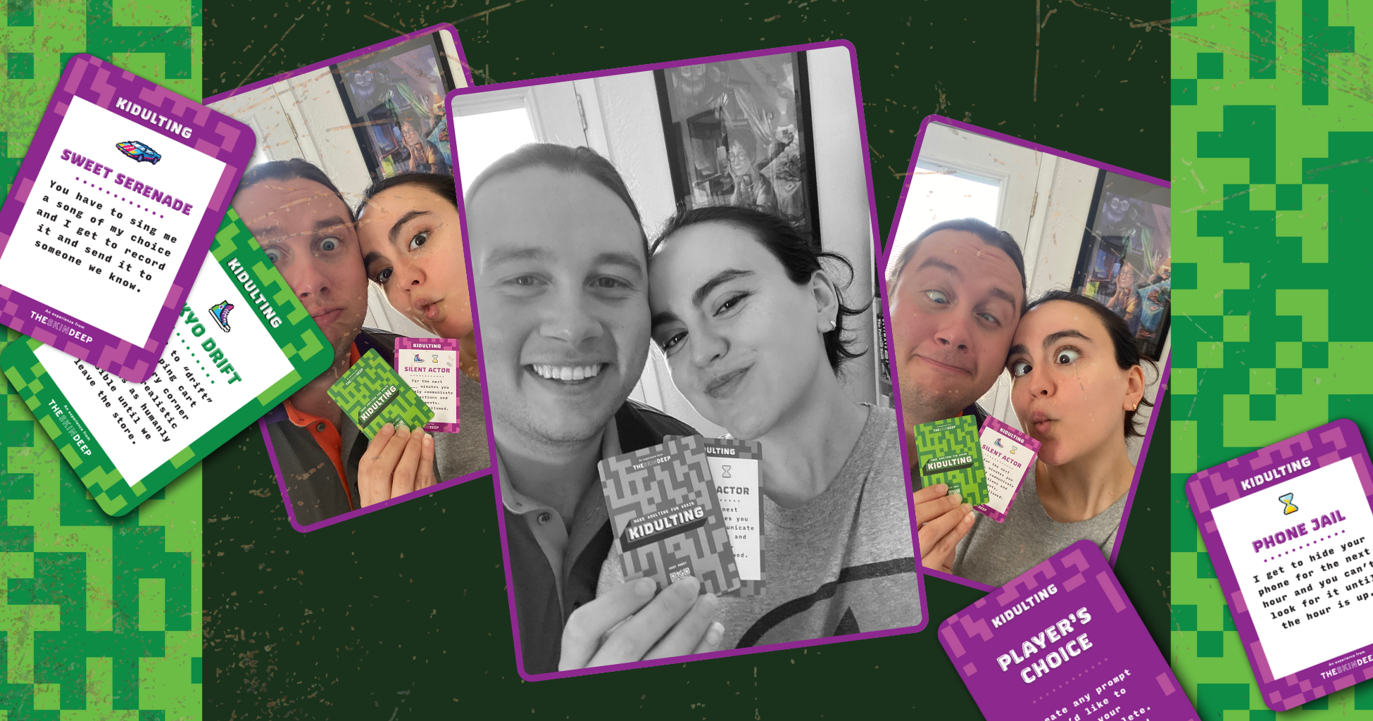 Couple being silly and taking selfies playing the Kidulting Card Game from The Skin Deep