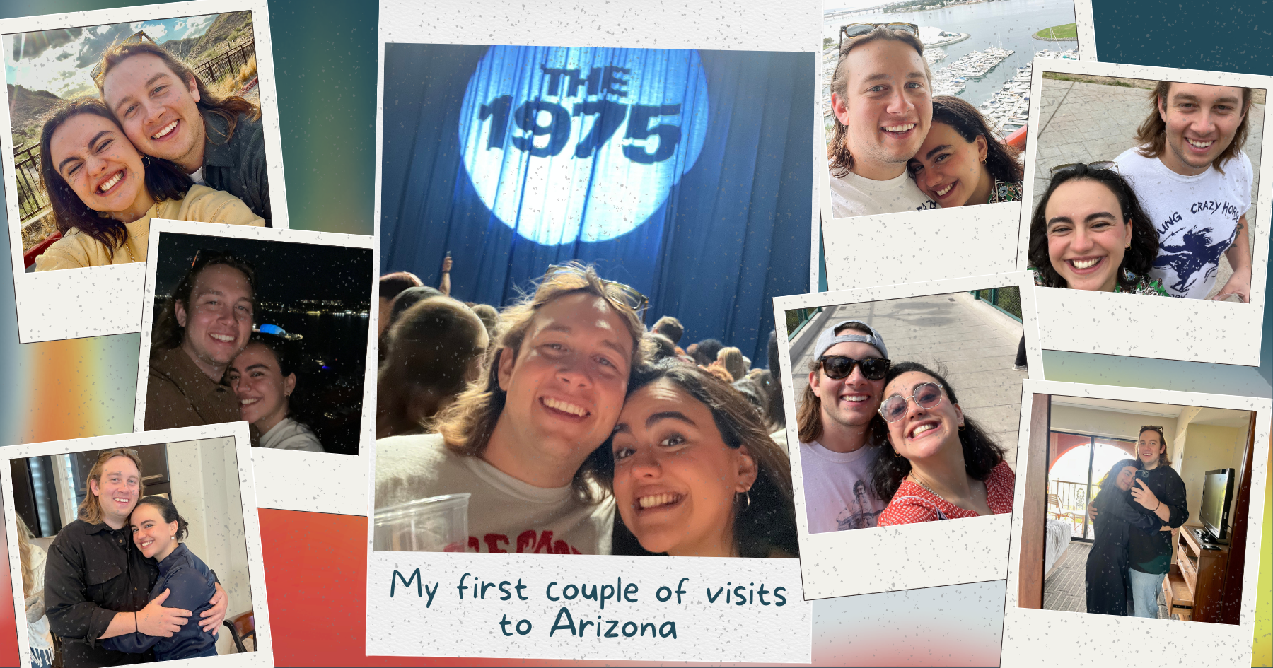Polaroid pictures of a couple laughing, at a concert, on vacation, and hugging