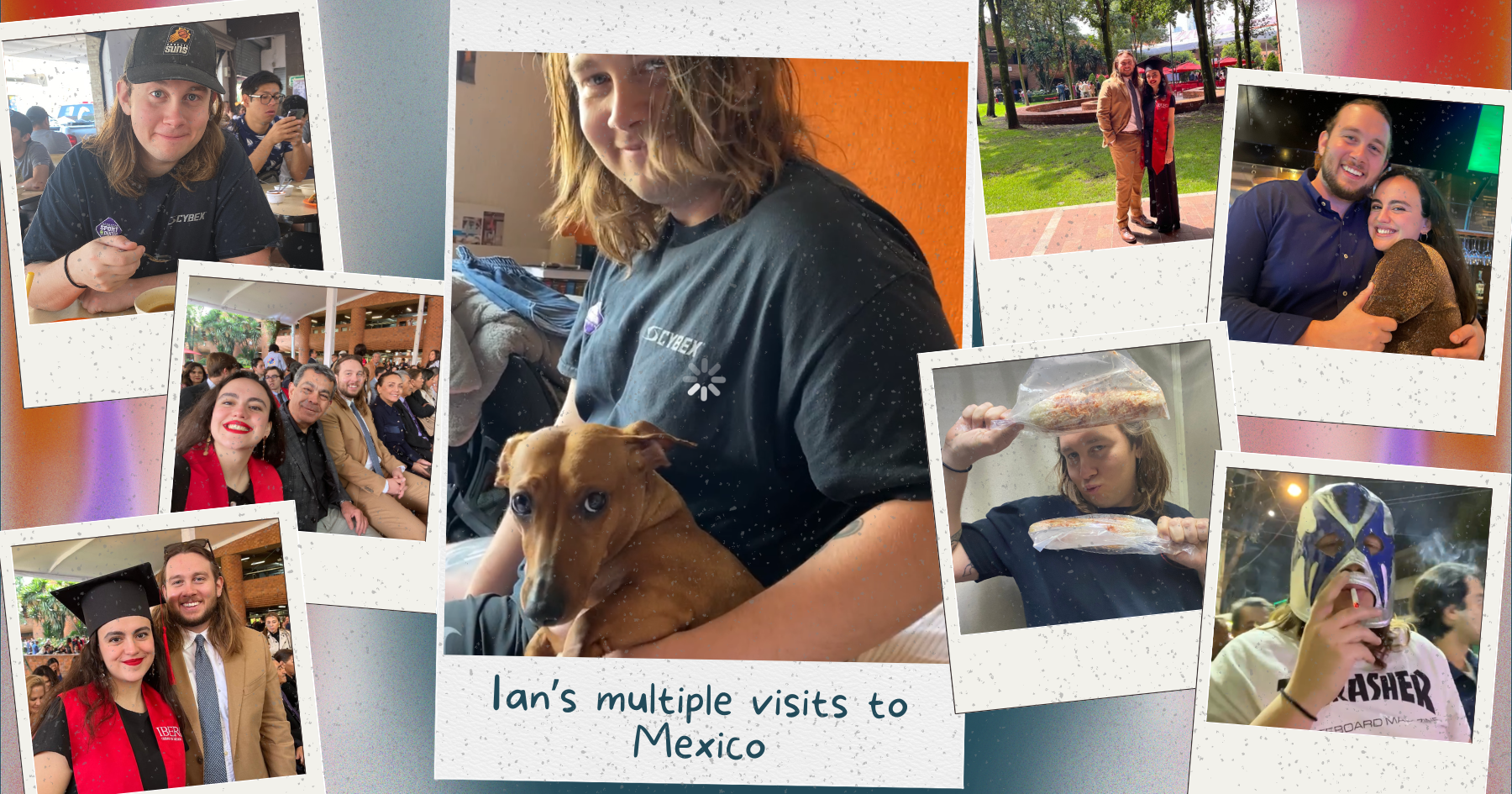Polaroid pictures of a couple laughing, hugging, being silly, goofy and holding a dachshund dog