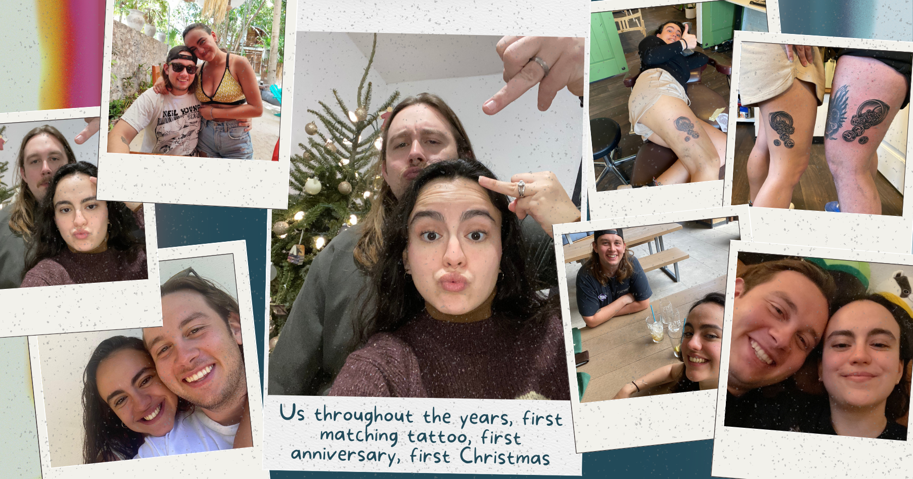 Polaroid pictures of a couple laughing, getting matching tattoos, making silly faces and being happy