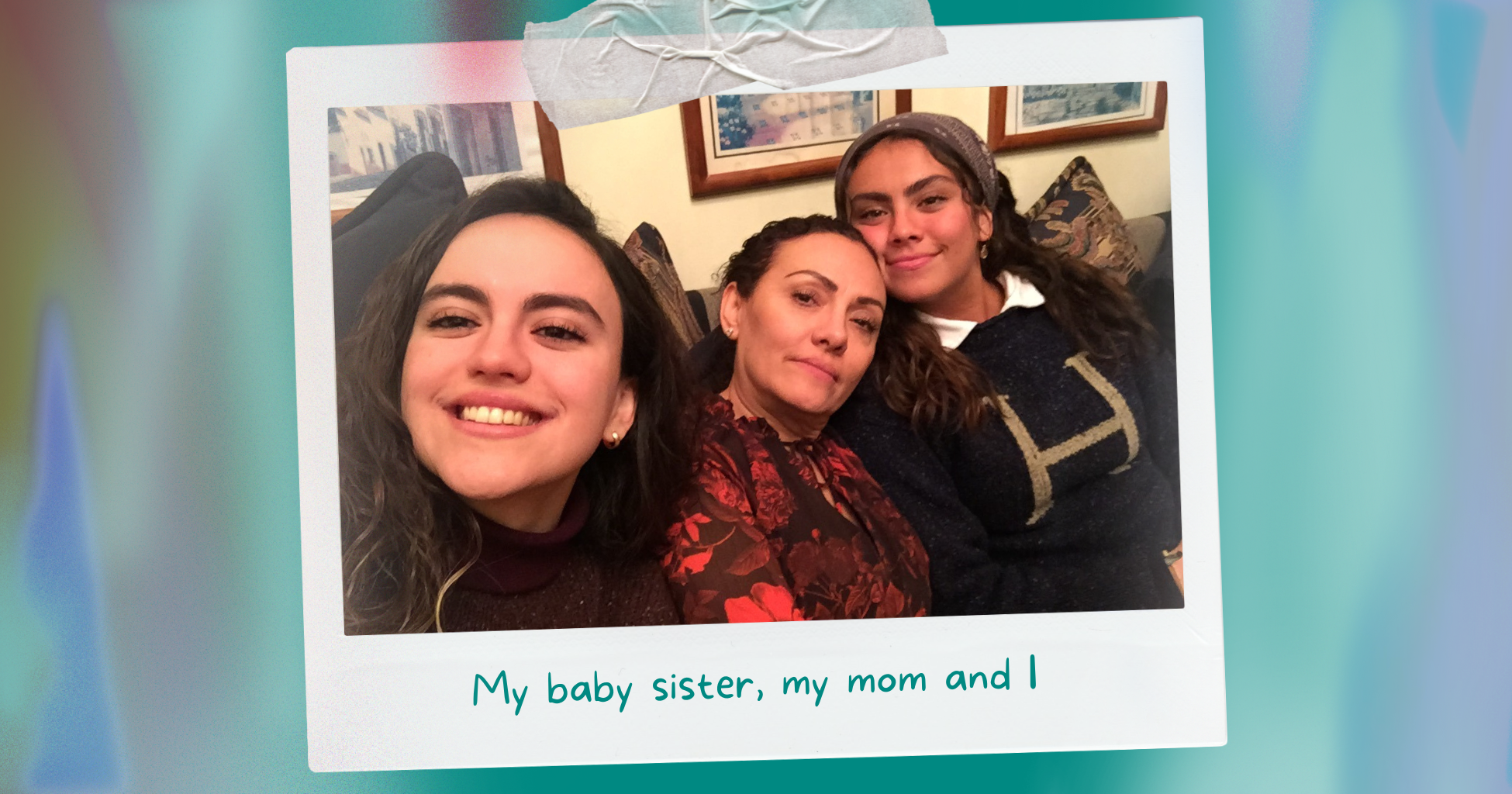 Polaroid picture of two girls smiling and their mom