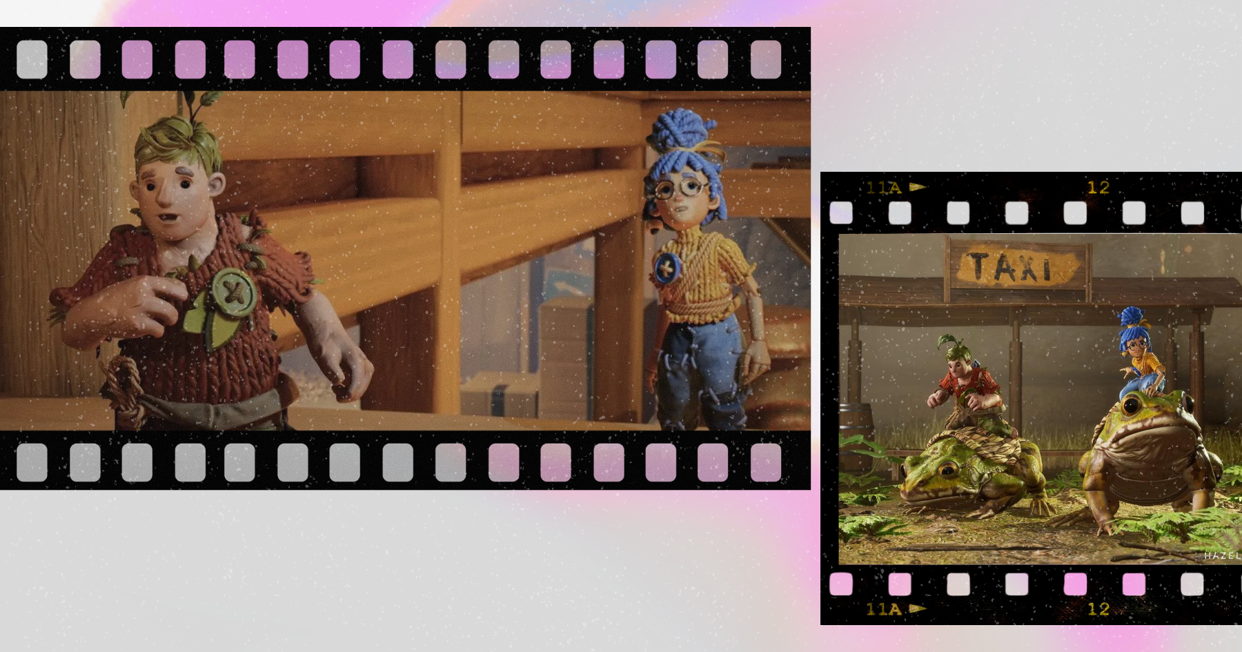 Film collage of video game It Takes Two, Cody and May on Taxi toads