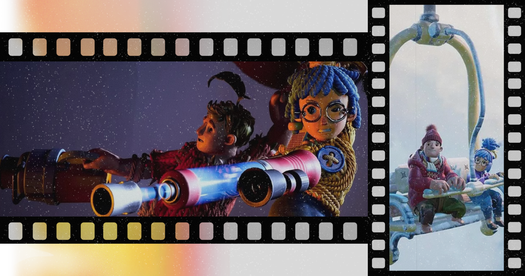 Film collage of video game It Takes Two, Cody and May shooting and sitting on a ski lift