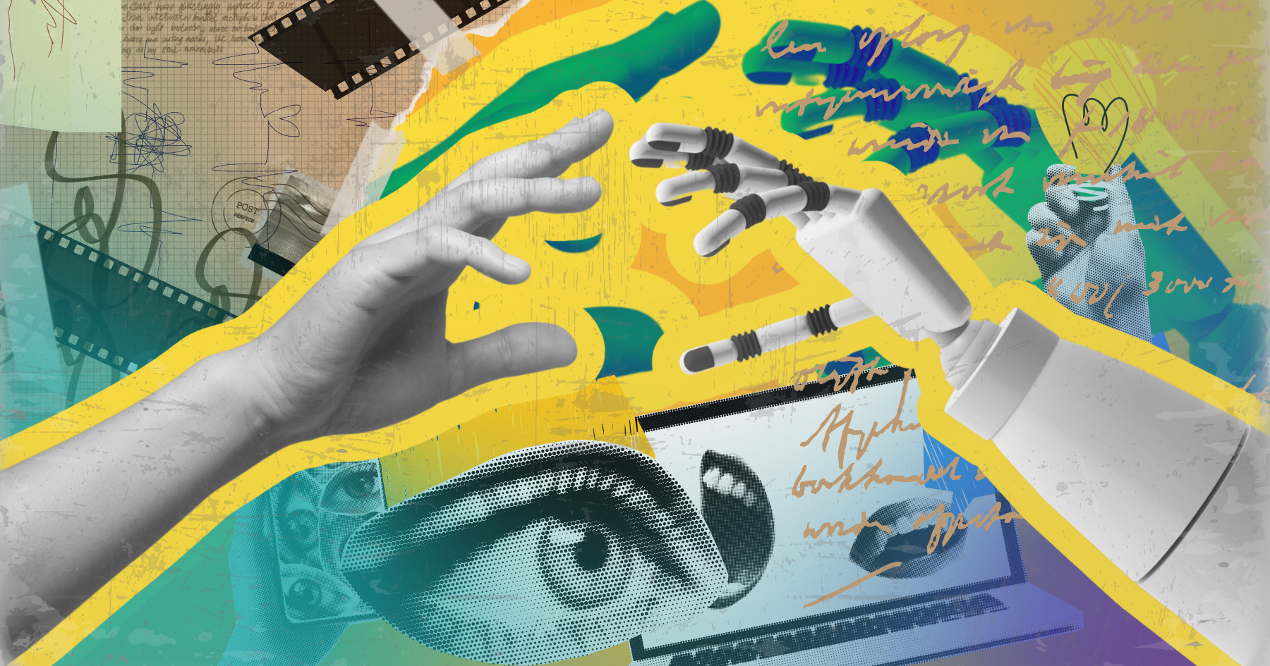 Collage of a robot hand and a human hand touching each other with cutouts of eyes, smartphones and computers