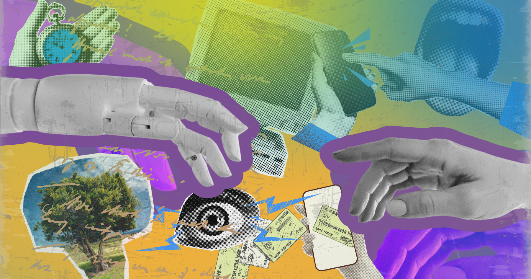 Collage of a robot hand and a human hand touching each other with cutouts of eyes, smartphones, trees, time and computers