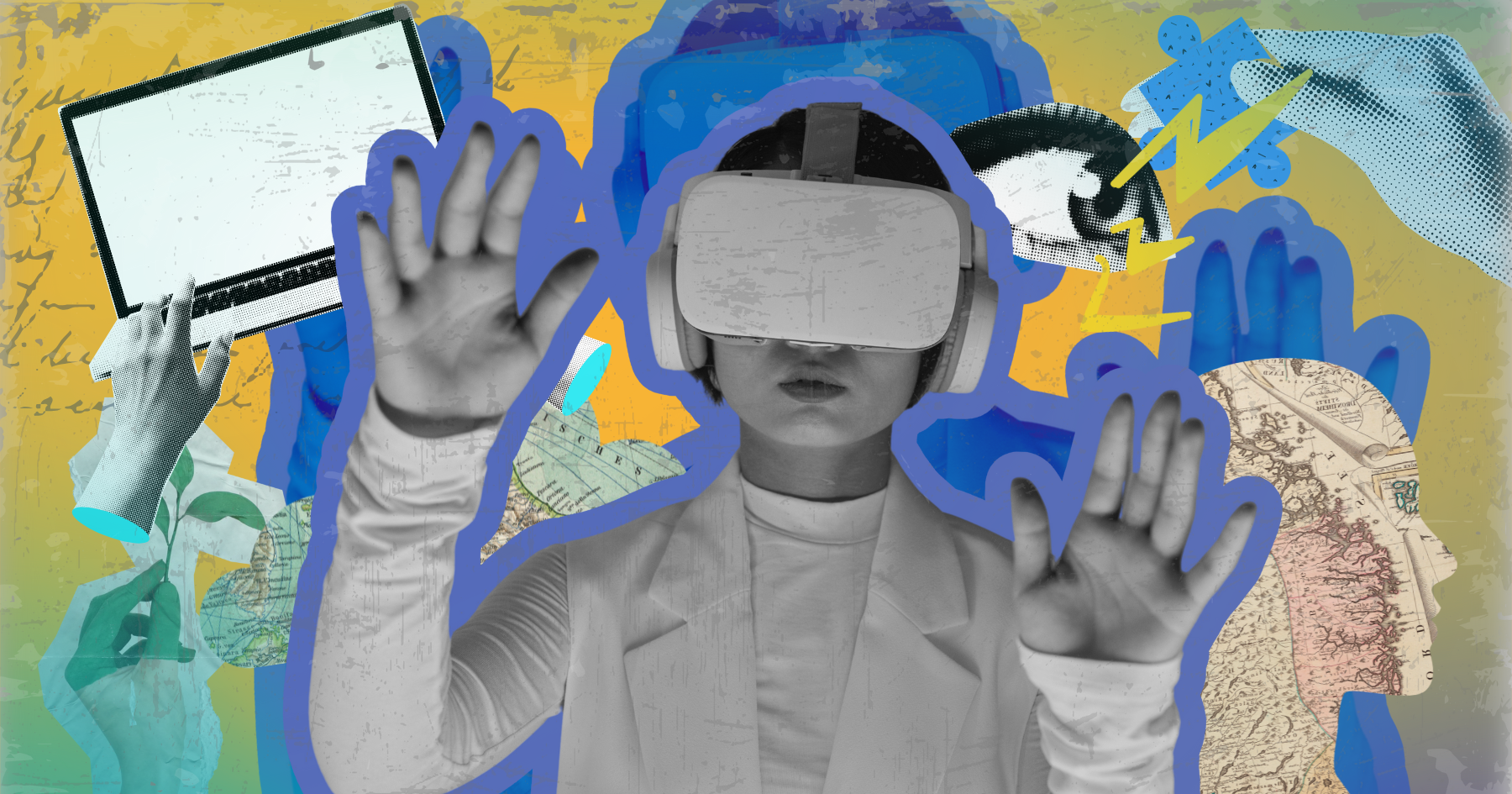 Collage of a woman wearing Virtual Reality goggles with cutouts of eyes, hands and computers