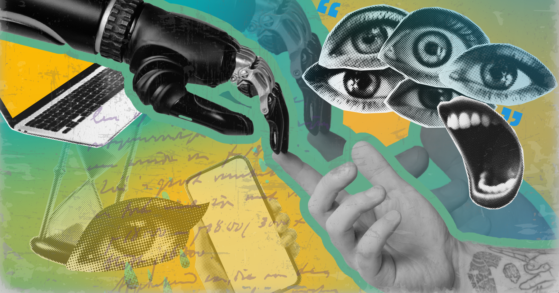 Collage of a robot hand and a human hand touching one another with cutouts of eyes, mouths, hands, smartphones and computers