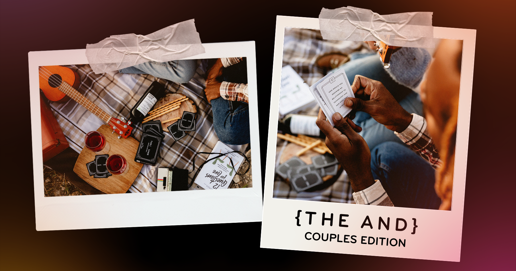 Polaroid pictures of a picnic date with a card game, a guitar, wine glasses, a book and snacks