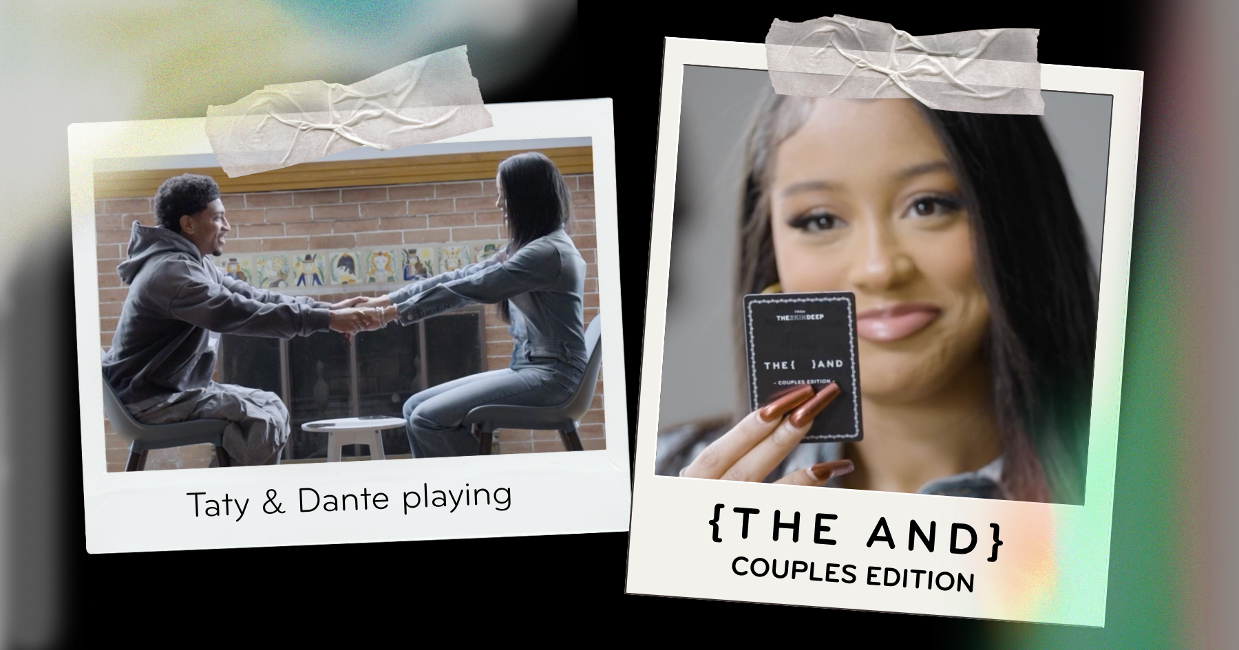 Polaroid pictures of an African American couple sitting face to face and holding hands, the woman holding a card and smiling