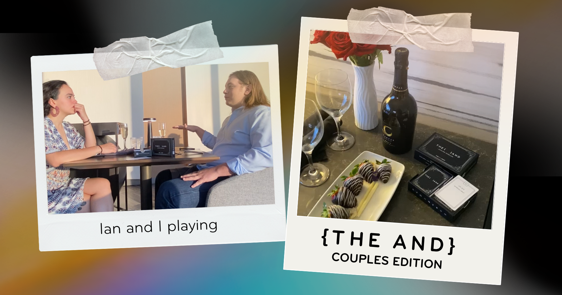 Polaroid pictures of a couple sitting at a table and playing a card game talking to each other, chocolate covered strawberries. wine and flowers next to a card game