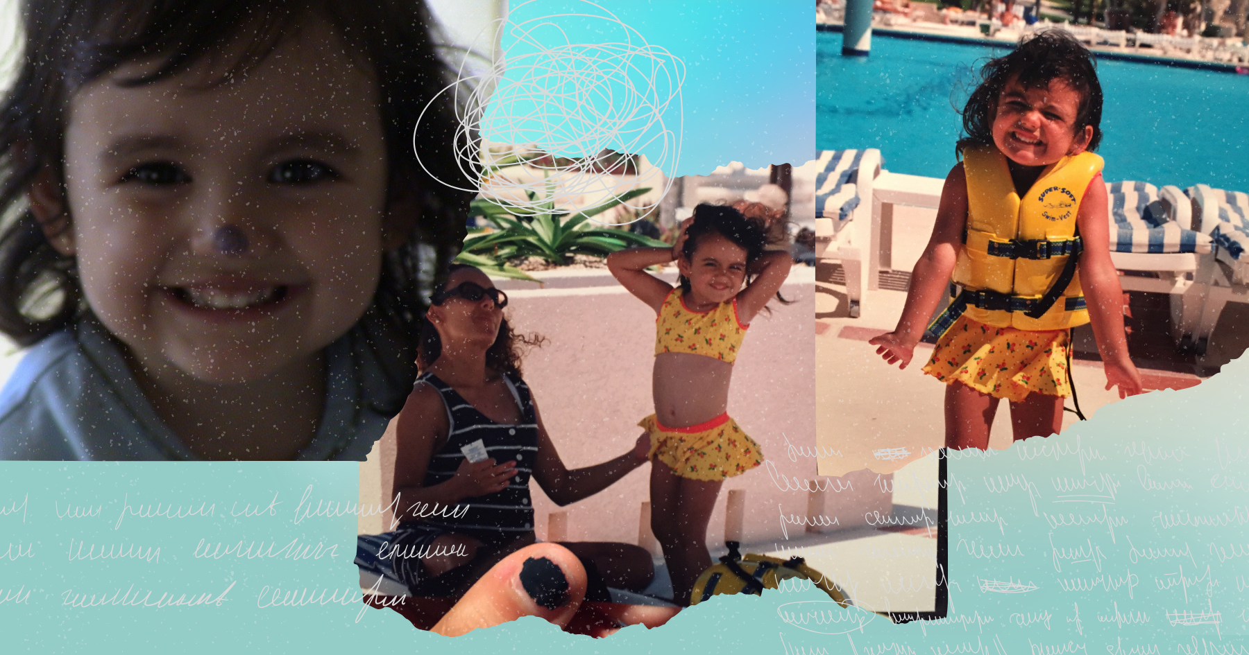 Pictures of a cute young girl wearing a swim suit and a water vest about to go swim at the beach