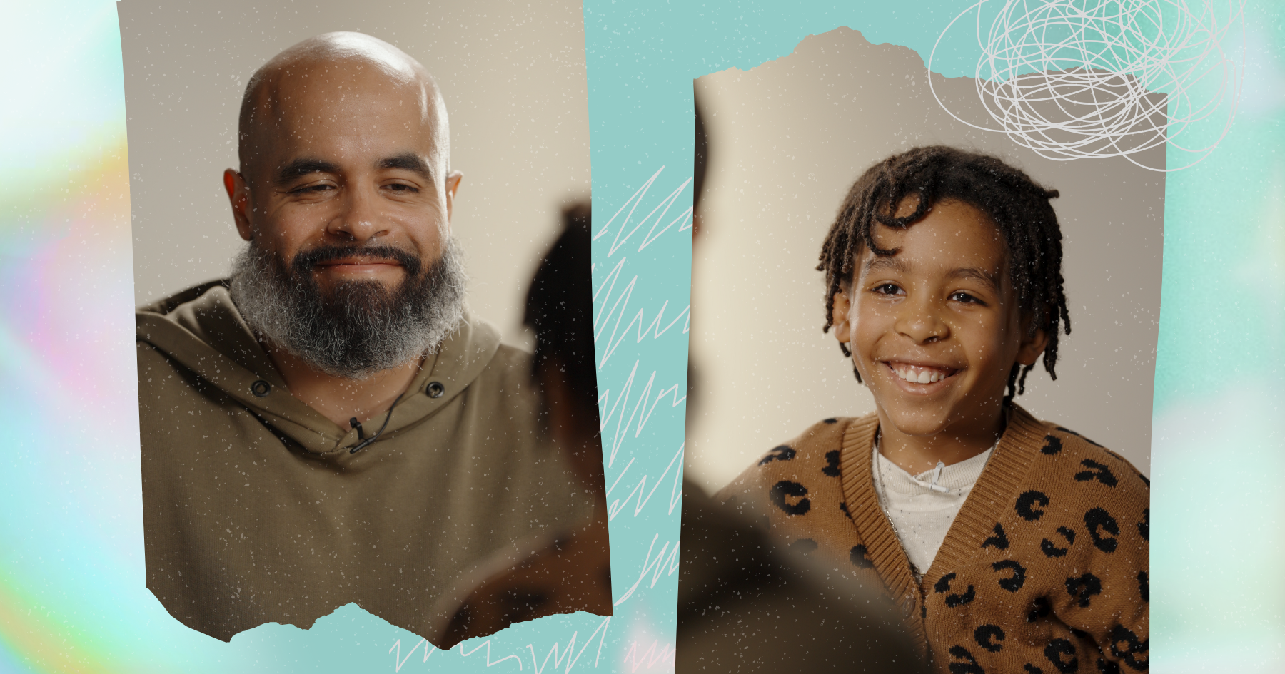 Collage pictures of a black father and son looking at each other and smiling