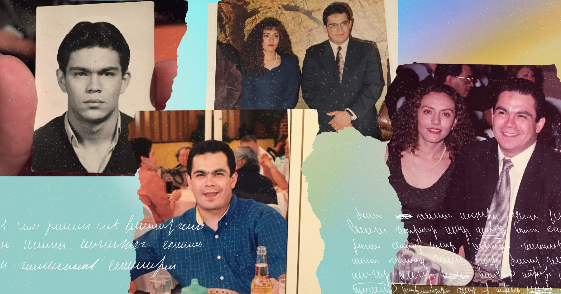 Collage pictures of the 90s of a couple and a man in a suit