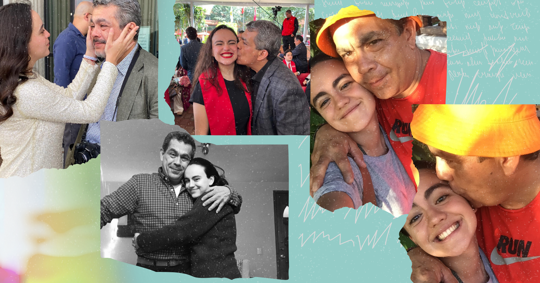 Collage pictures of a latina girl and her dad hugging, him kissing his daughter's cheek and getting emotional