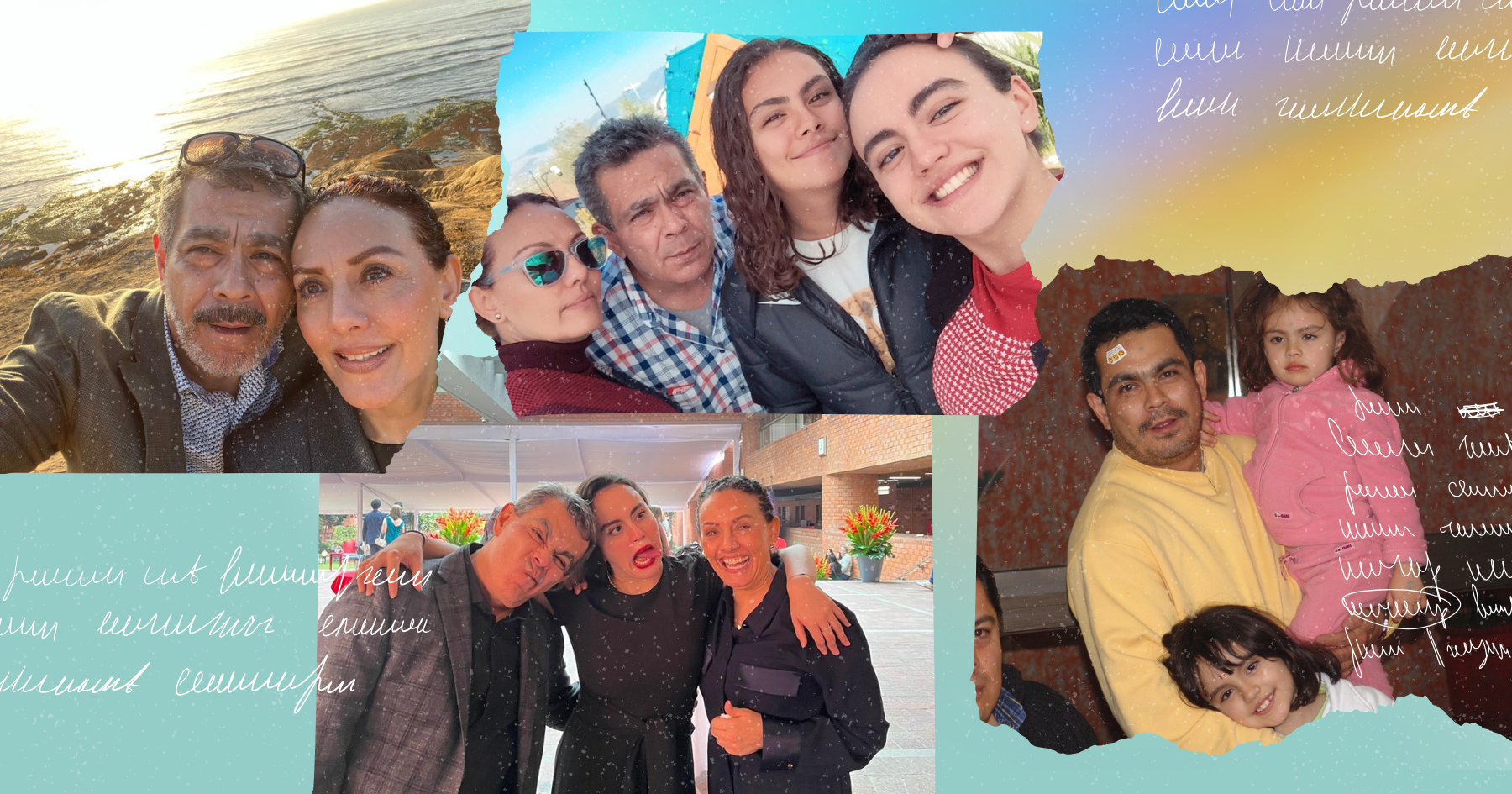 Collage pictures of a family throughout time, mom, dad and two daughters