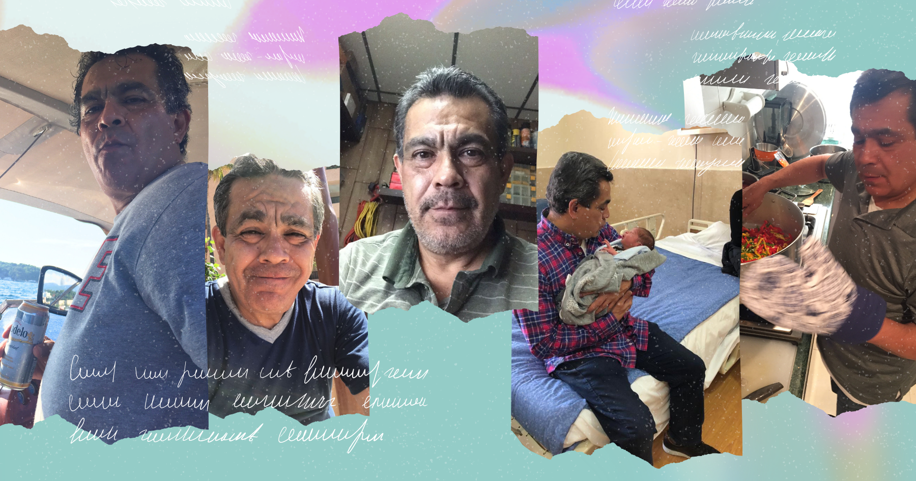 Collage pictures of a man smiling, on a boat, cooking and holding a newborn baby at a hospital