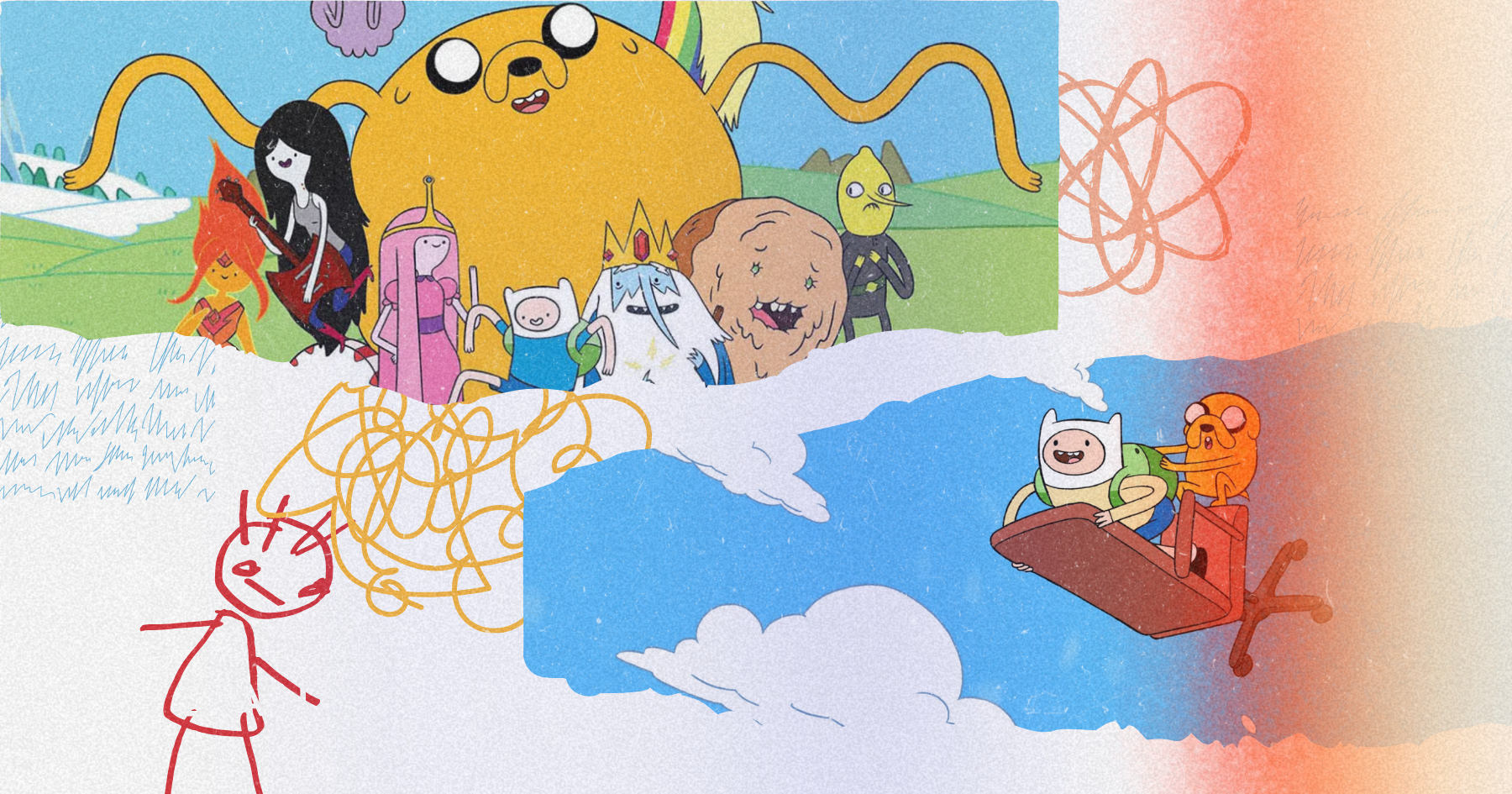 Collage images of animated series Adventure Time, Finn the human and Jake the dog