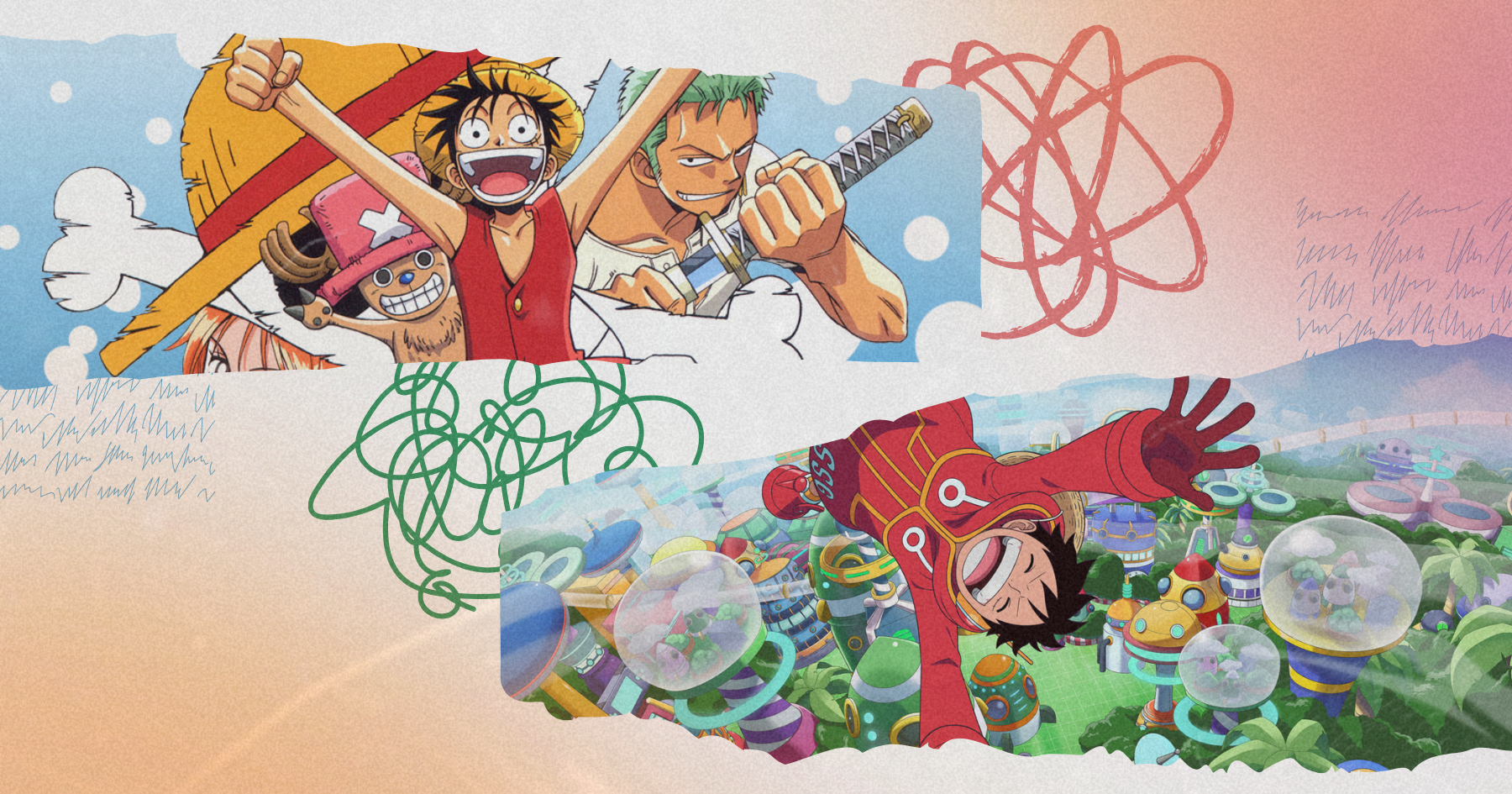 Collage images of Japanese animated series One Piece, Monkey D. Luffy