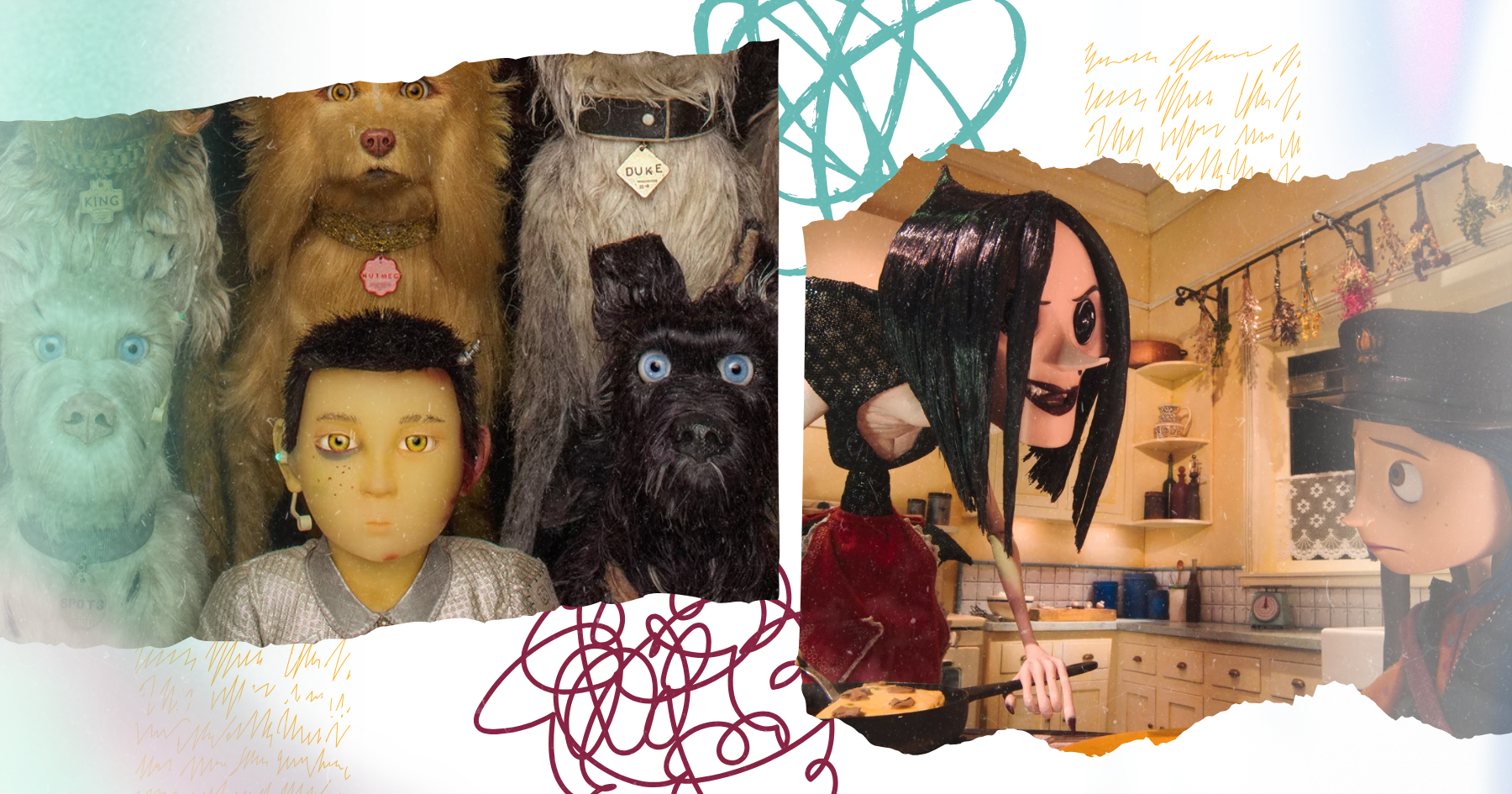 Collage images of stop-motion movies Isle of Dogs and Coraline