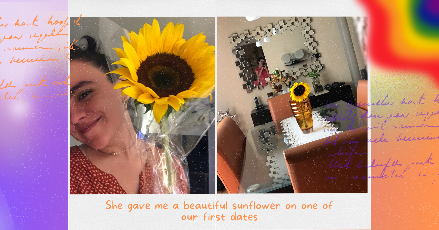 Polaroid pictures of a girl smiling holding a sunflower and a vase with a sunflower on a table with a rainbow pride
