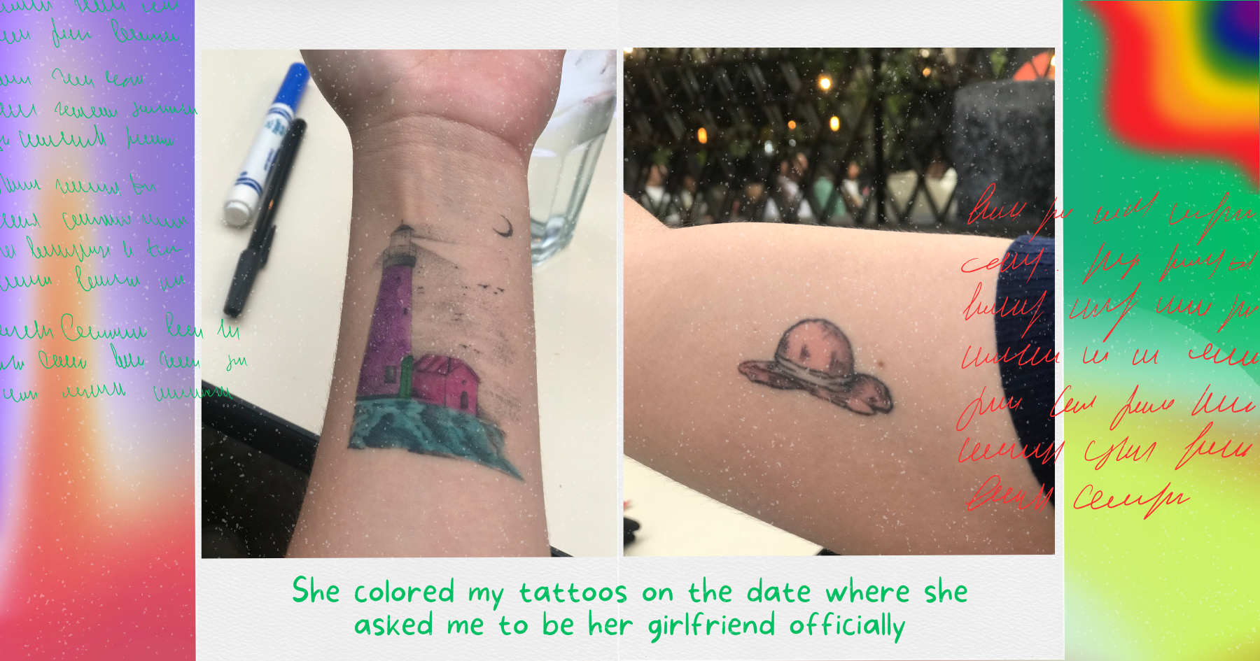 Polaroid pictures of a wrist and bicep tattoo of a Luffy Hat from One Piece and a lighthouse by the moon