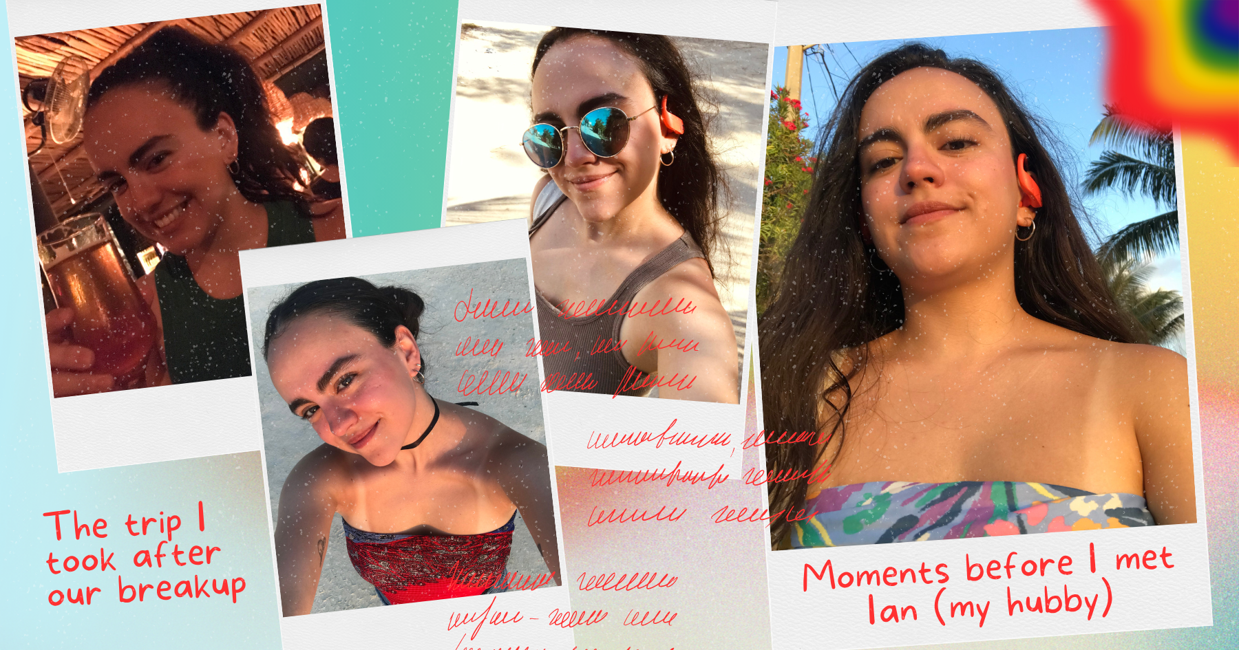 Polaroid pictures of a dark haired girl at the beach wearing sunglasses and drinking a beer