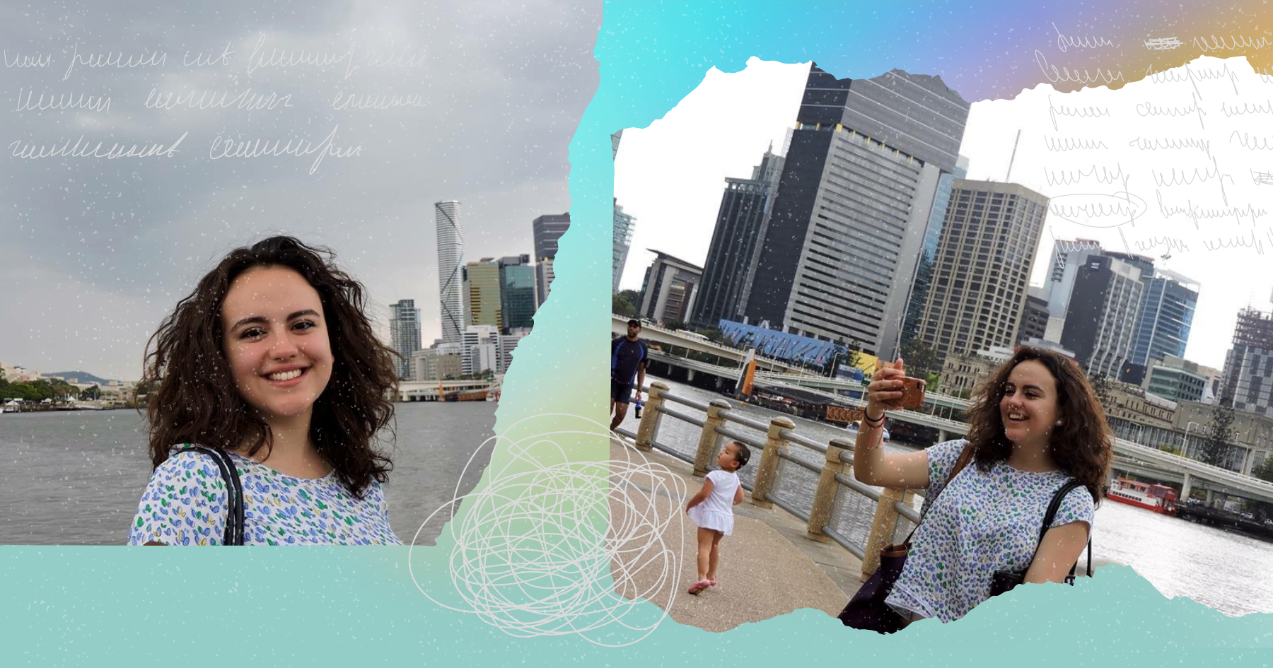 Picture collage of a young latino woman in Brisbane, Australia, surrounded by tall city buildings