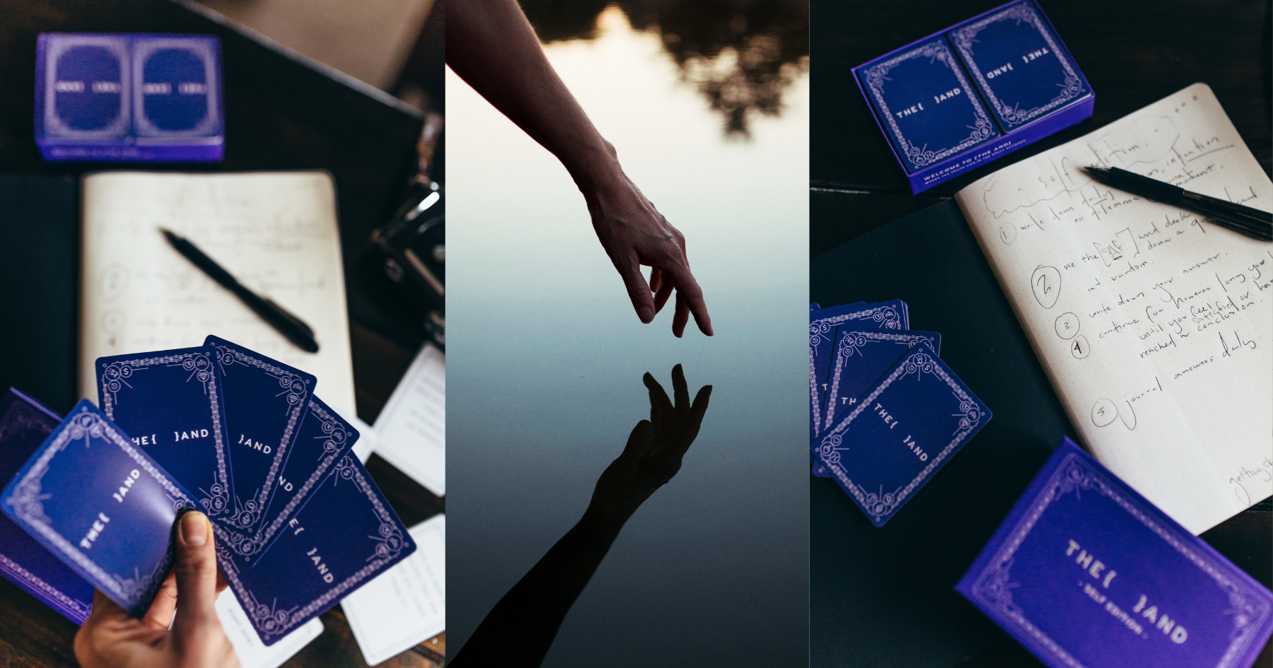 Collage of a hand's reflection in a river, a diary and a bunch of purple cards for self reflection