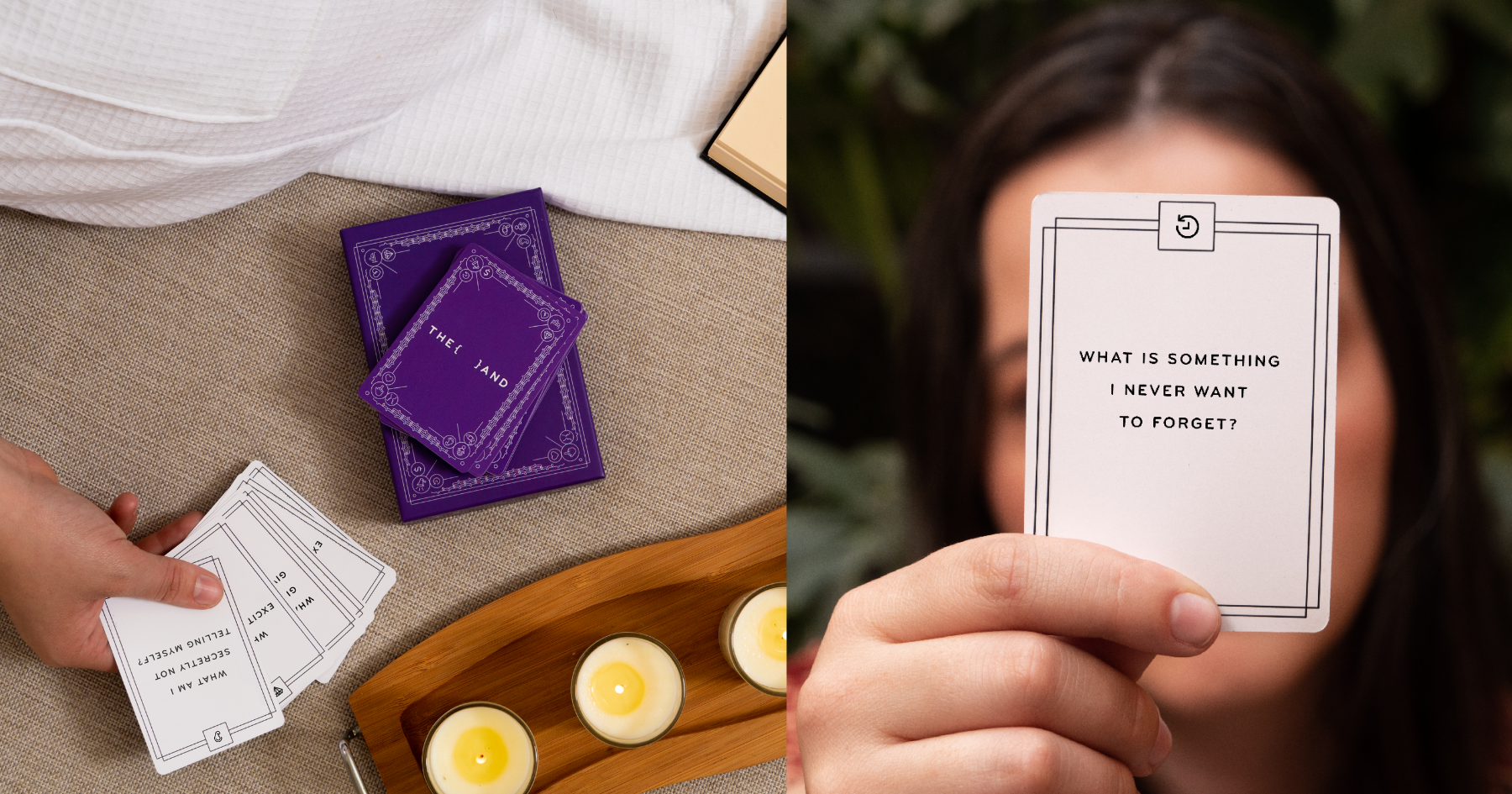 Collage of purple card game with self reflection questions, a spa day with candles and a day in the woods
