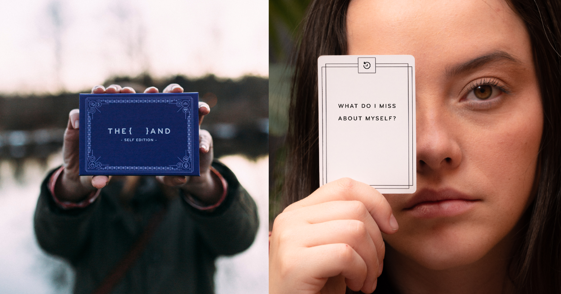 Collage of two women holding a card game with self reflection questions