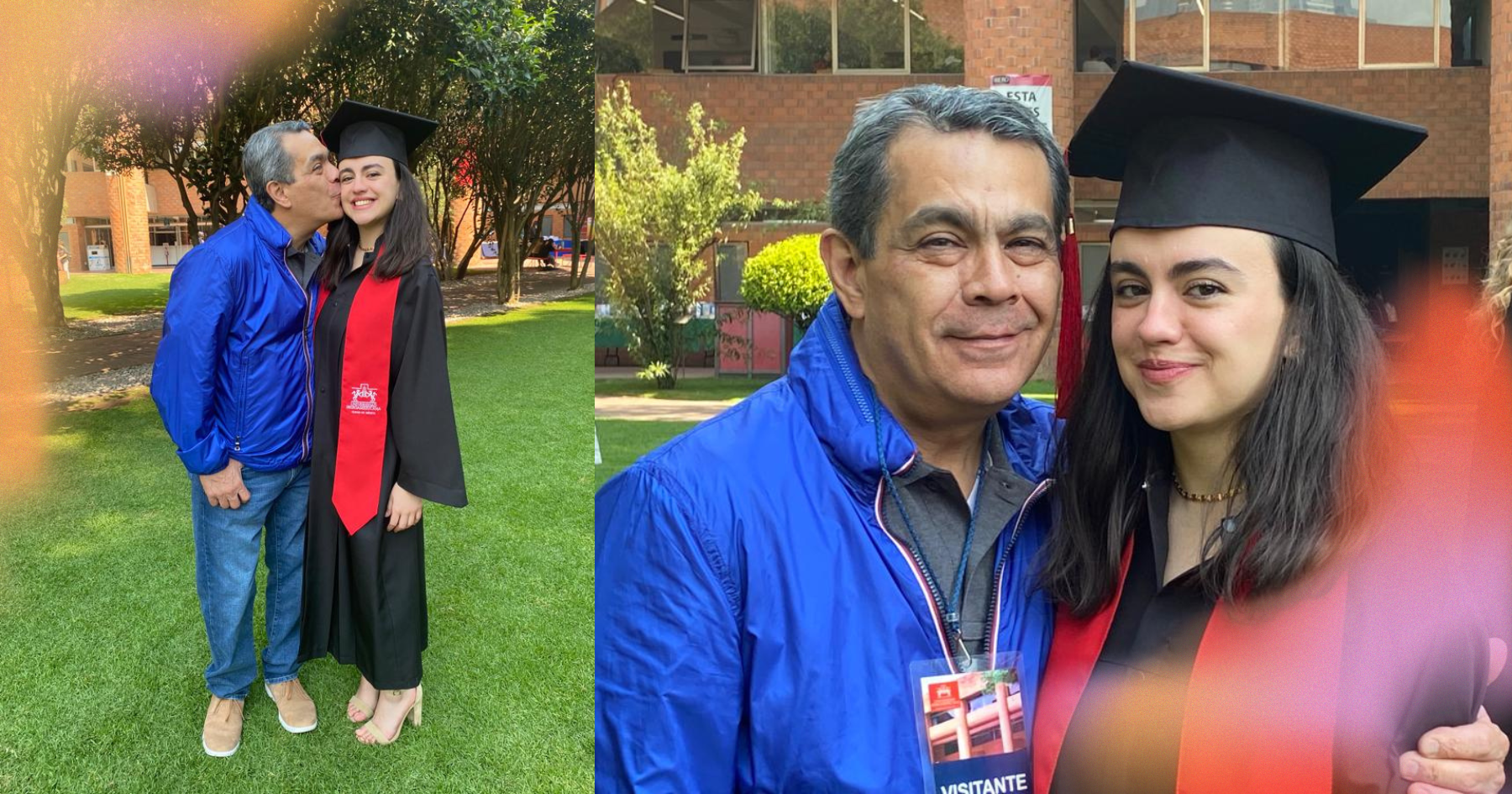 Collage of pictures of a girl hugging her dad and smiling at her graduation