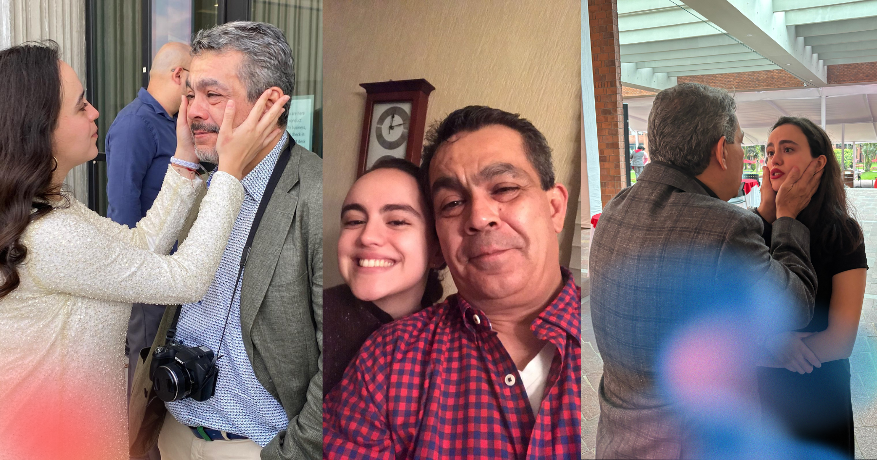 Collage of pictures of a girl hugging her dad, smiling and getting emotional / crying