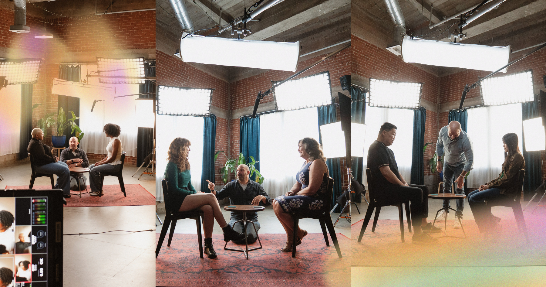 Collage of pictures of a set with two people sitting face to face in the middle