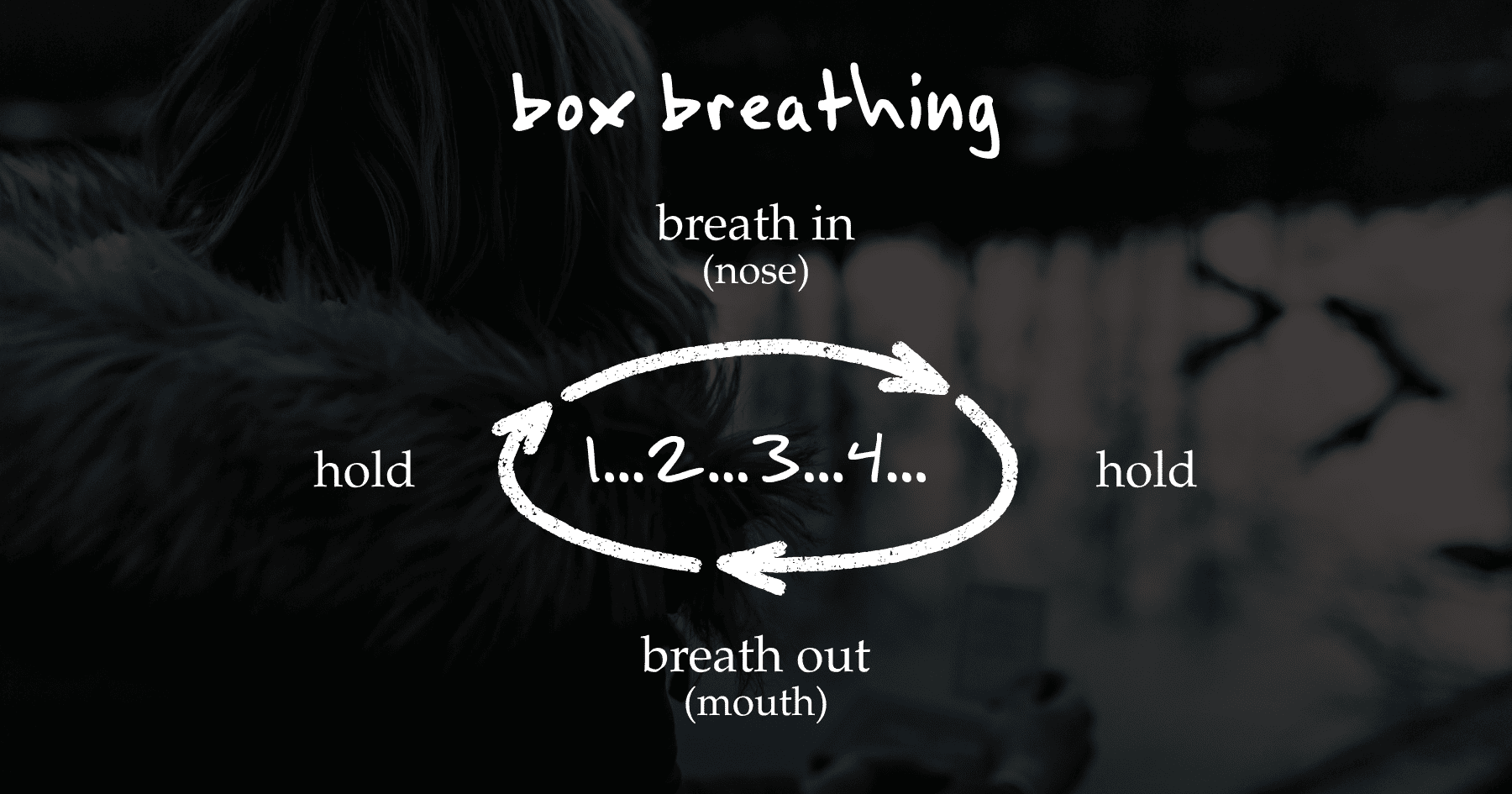 A diagram explaining box breathing technique with numbers and arrows
