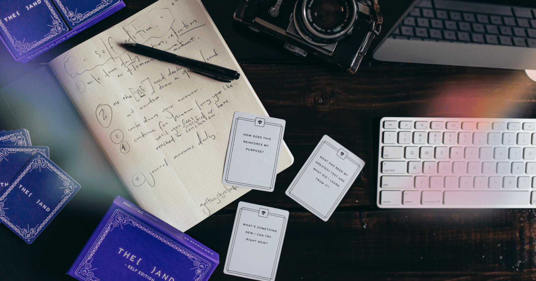 A desk with a notebook, a keyboard, a camera, a pen and a purple card game