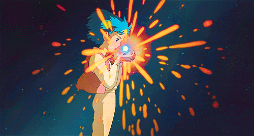 GIF from Howl's Moving Castle showing Howl swallowing a shooting star
