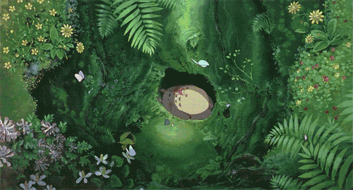 GIF from My Neighbor Totoro showing Totoro laying in the middle of the forest