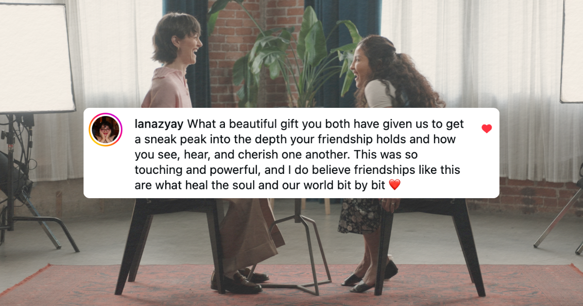 Screenshot of Alyson Stoner and Annie Gonzalez seated facing each other during a {THE AND} conversation, with an Instagram comment from a community member overlaid on the image.