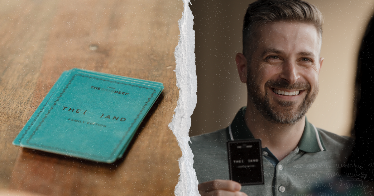 Split image showing {THE AND} Family Edition card deck on the left and Andrew smiling while holding {THE AND} Couples Edition on the right.