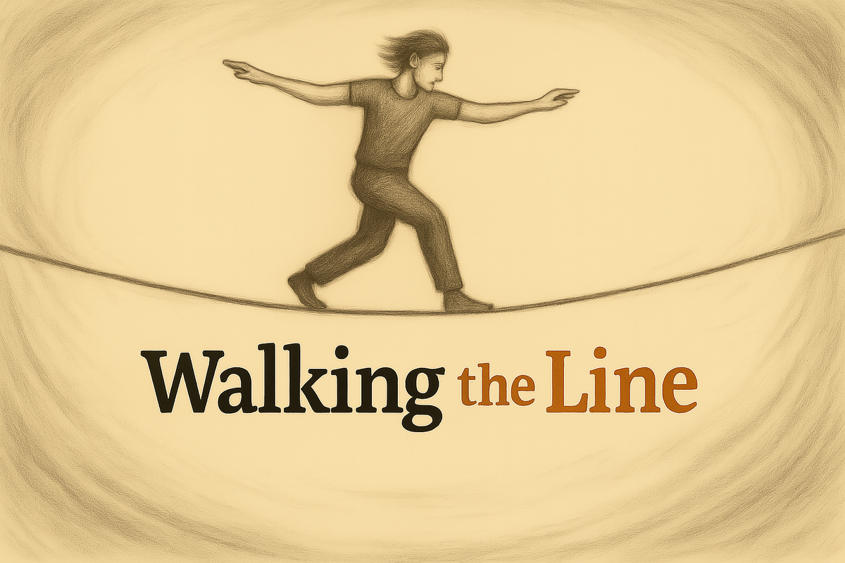 A person walking across a tightrope line