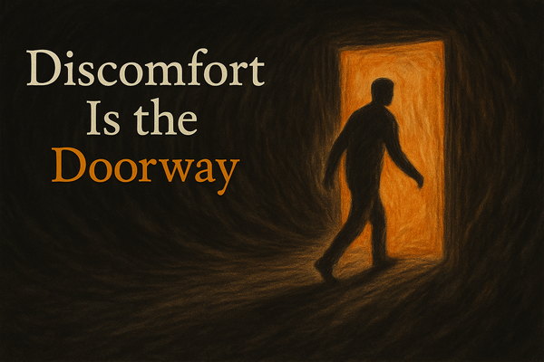 A drawing of a person walking through the darkness into a glowing doorway