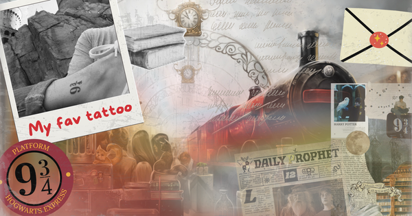 A collage of Harry Potter elements, the Hogwarts Express, platform 9 3/4, a tattoo, the Daily Prophet newspaper, books and letters
