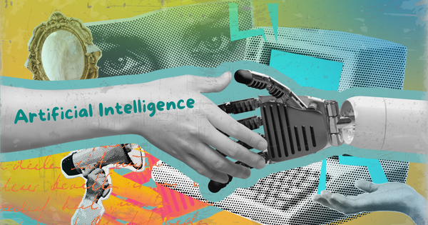 Collage of a robot hand and a human hand holding each other with cutouts of eyes and computers