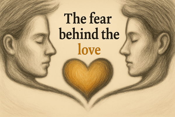 image of two human faces with a heart between them. the title reads "The fear behind the love"