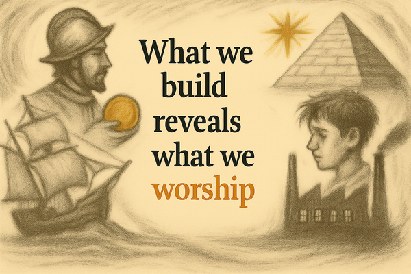 A collage of imagery with a conquistador, a ship, a facvtory, a pyramid, and a young man