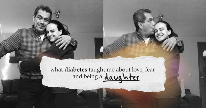 Collage of pictures of a girl hugging her dad and smiling