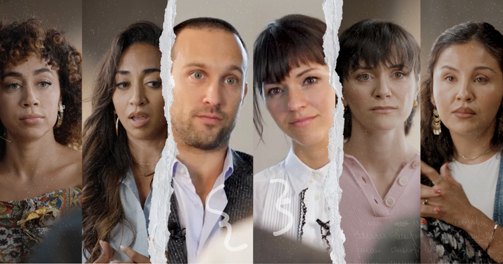 Split portrait image of participants from {THE AND} conversations, showing Shan and Lauren, Sidra and Ben, and Alyson and Annie seated and facing the camera.